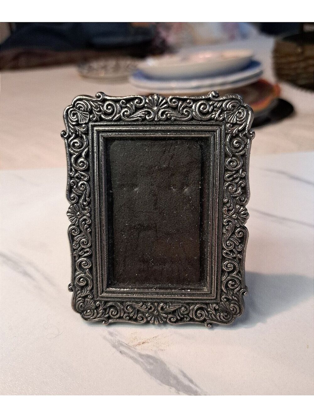 Vintage Miniature Tabletop Embossed Metal Scrollwork Picture Frame 3.25"